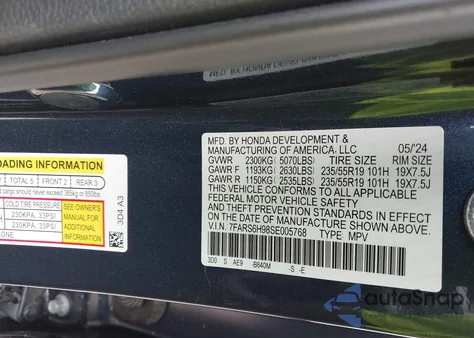 2025 Honda Cr-V Hybrid Sport Touring z USA, uszkodzony, nr VIN 7FARS6H98SE005768